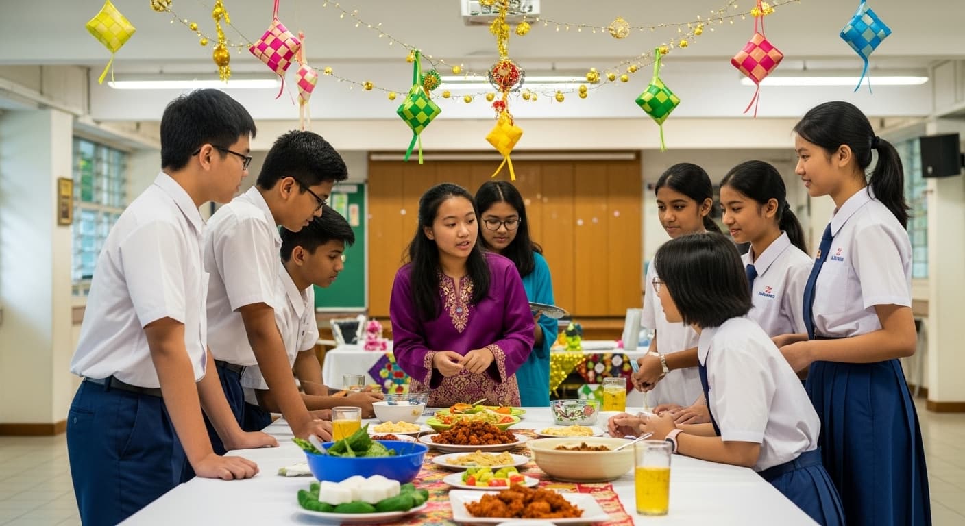 A school hall decorated for a festive celebration. Children of different ethnicities wear traditional outfits around a long table of shared food and treats. Decorations overhead; classmates share and explain dishes.