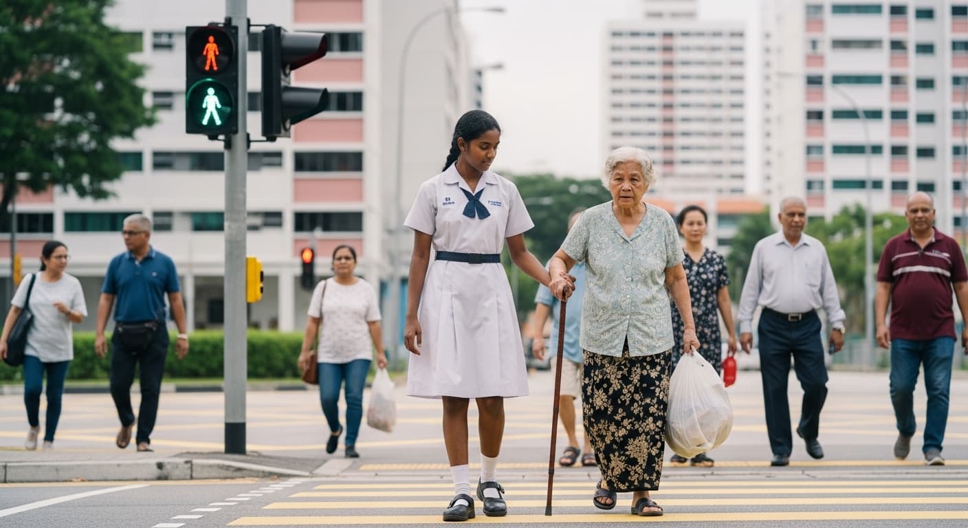 A primary school student gently supports an elderly person with a walking stick at a pedestrian crossing, carrying shopping bags. Both are smiling. Other pedestrians and HDB blocks in the background.