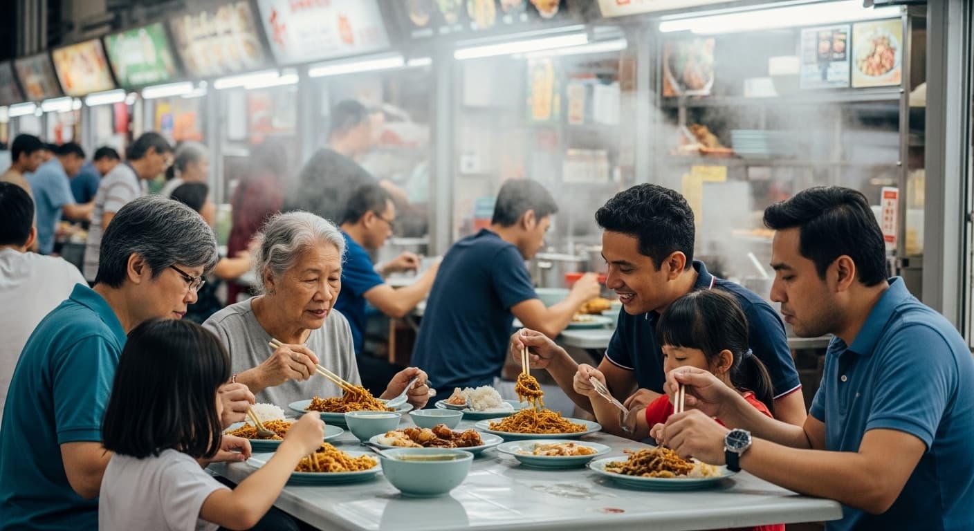 Multi-generational family sharing dishes at a crowded hawker centre. Steam rising from food. Grandparents, parents, two children.
