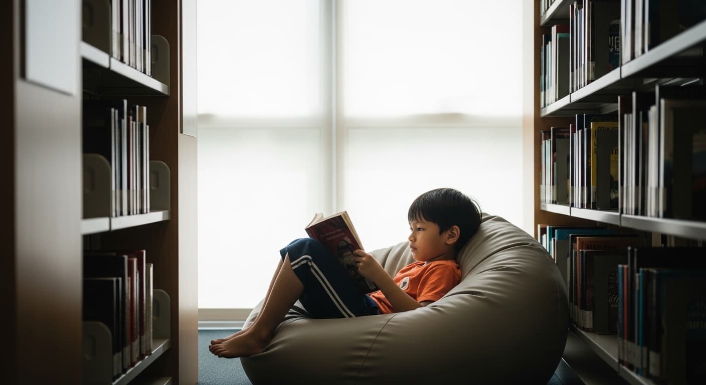 A primary-school-aged child curled up in a beanbag reading a thick book. Rows of shelves in the background. Soft natural light.