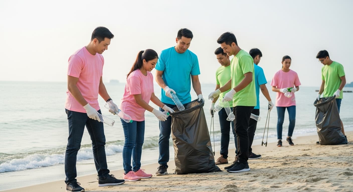 A group of volunteers in matching t-shirts picking up litter along a Singapore beach. Plastic bags, reusable gloves, signs visible.