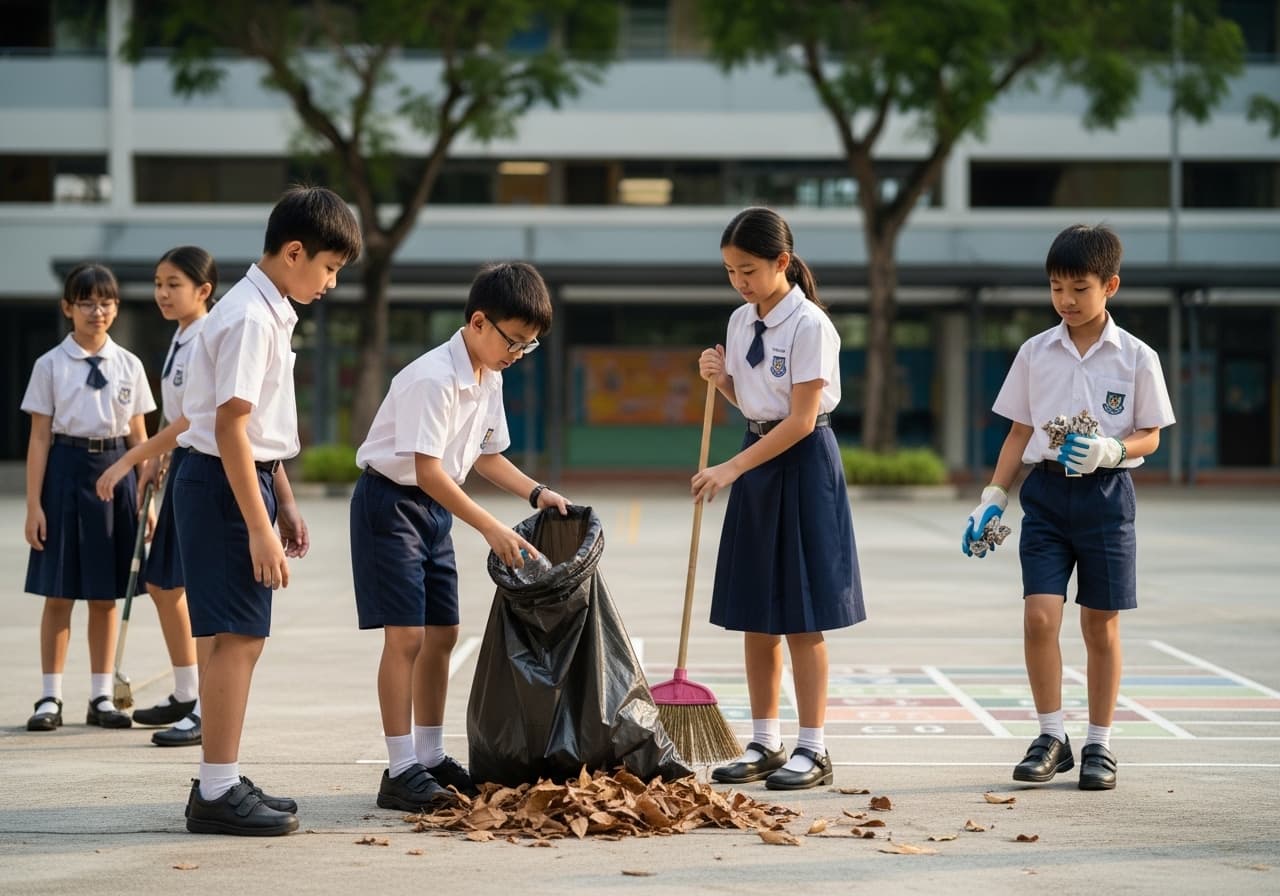 Singapore primary school students in uniform working together at a school courtyard — community service scene used for PSLE English Oral conversation practice