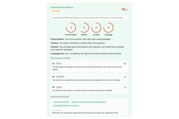 English oral scorecard — pronunciation, fluency, content, and language scores with per-question feedback