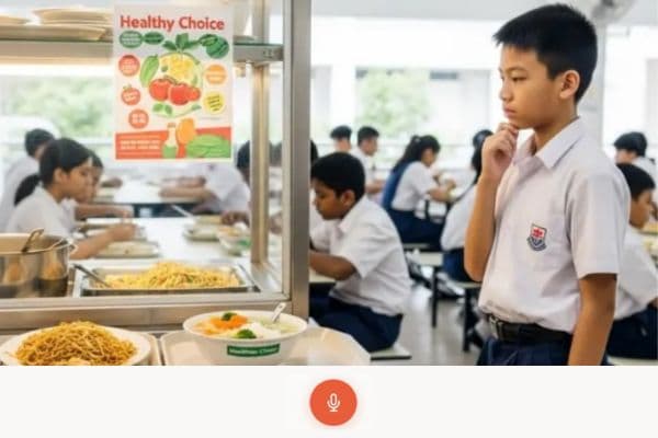 English oral — photograph of a school canteen scenario with microphone ready to record